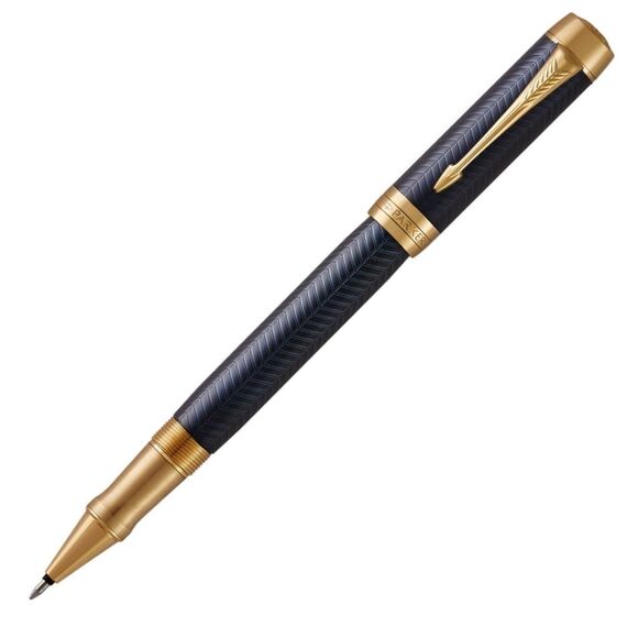 PARKER Duofold Prestige Fine Rollerball Pen Blue Chevron Gold Trim Black Ink