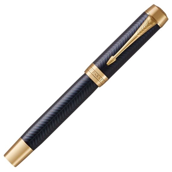 PARKER Duofold Prestige Fine Rollerball Pen Blue Chevron Gold Trim Black Ink