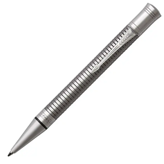 PARKER Duofold Prestige Medium Ballpoint Pen Ruthenium Chiselled Chrome Trim Black Ink, 2 image