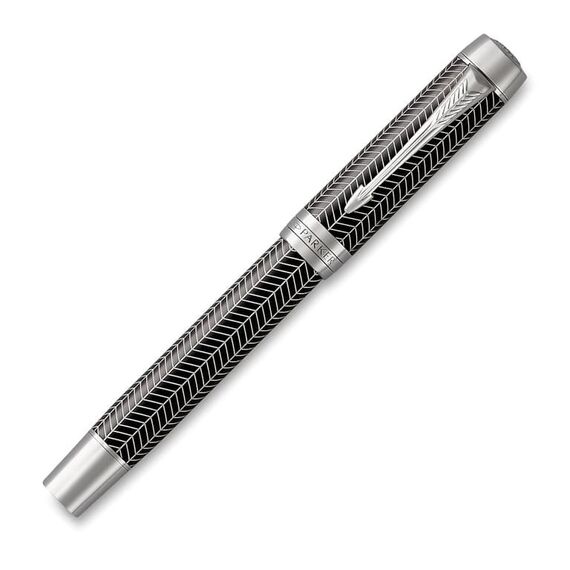 PARKER Duofold Prestige Medium Fountain Pen Black Chevron Chrome Trim