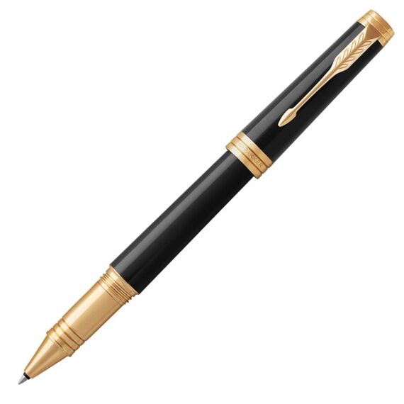 PARKER Premier Fine Rollerball Pen Black Lacquer Gold Trim Black Ink