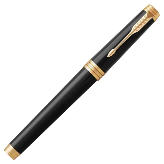 PARKER Premier Medium 18K Gold Nib Fountain Pen Black Lacquer Gold Trim Black Ink, 3 image
