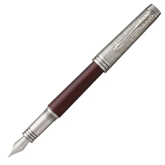 PARKER Premier Medium 18K Gold Nib Fountain Pen Custom Crimson Red Silver Trim Black Ink, 2 image