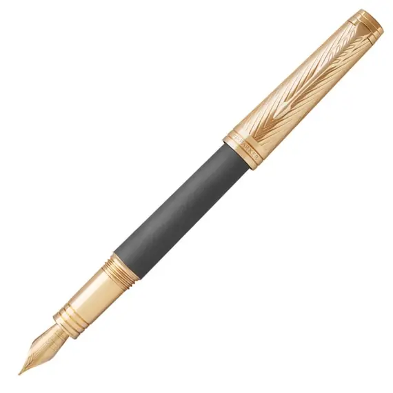 PARKER Premier Medium 18K Gold Nib Fountain Pen Custom Storm Grey Gold Trim Black Ink, 2 image