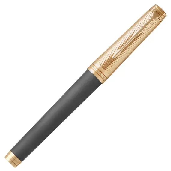 PARKER Premier Medium 18K Gold Nib Fountain Pen Custom Storm Grey Gold Trim Black Ink, 3 image