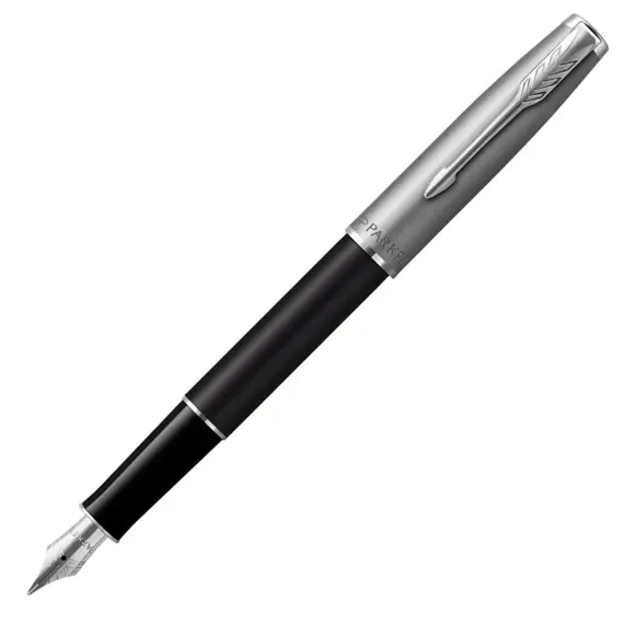 PARKER Sonnet Essential Medium Fountain Pen Black and Sandblasted Steel Chrome Trim, 2 image