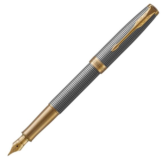 PARKER Sonnet Medium 18K Gold Nib Fountain Pen Chiselled Sterling Silver Gold Trim Black Ink