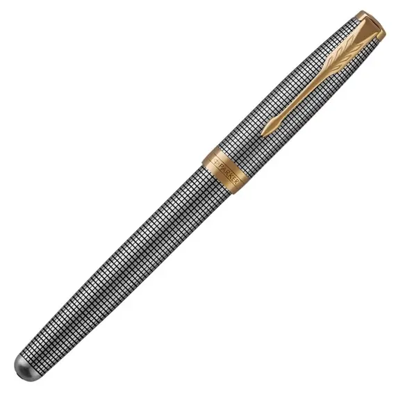 PARKER Sonnet Medium 18K Gold Nib Fountain Pen Chiselled Sterling Silver Gold Trim Black Ink, 3 image