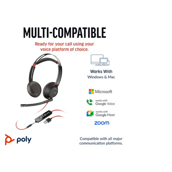 Poly Blackwire 5220 Stereo USB-C Headset +3.5mm Plug +USB-C/A Adapter Poly Blackwire 5220 Stereo USB-C Headset +3.5mm Plug +USB-C/A Adapter