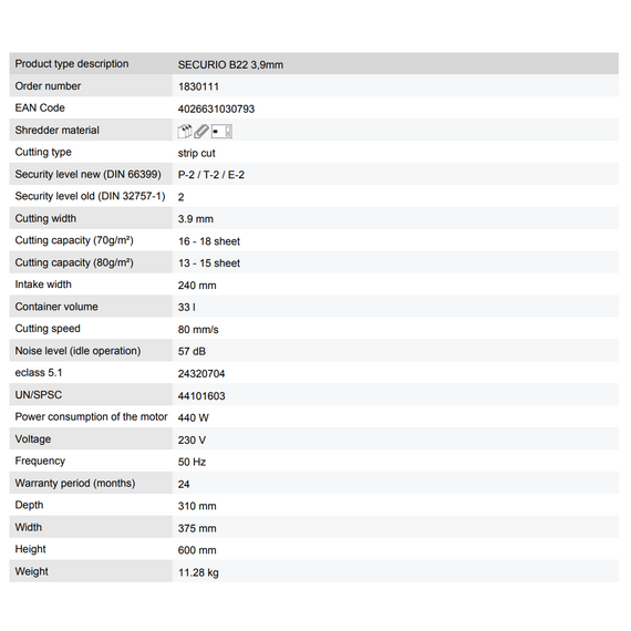 فطاعة الورق إتش إس إم موديل سيكريو B22، تقطيع شرائط بحجم 3.9 مم،