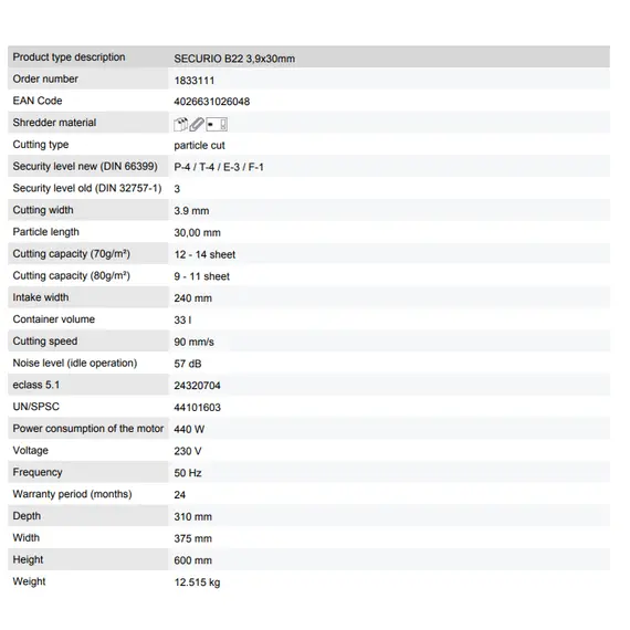 قطاعة الورق إتش إس إم موديل سيكريو B22، تقطيع مقطع بحجم 3.9 × 30 مم, 2 image