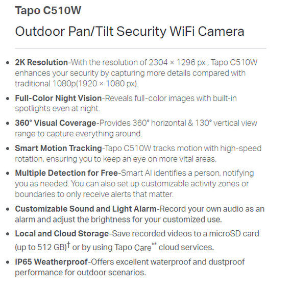 Tapo Outdoor Pan/Tilt Security Wi Fi Camera –  C510W