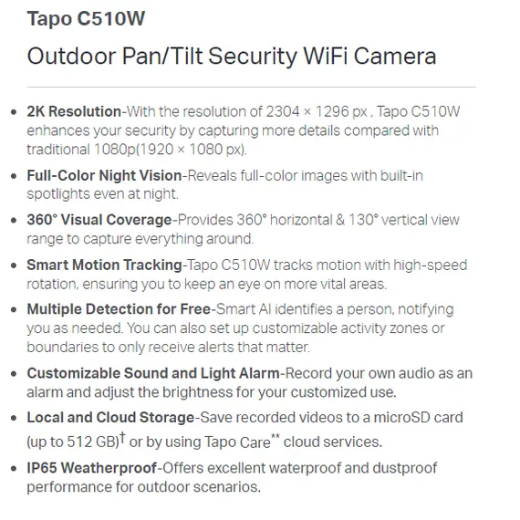 Tapo Outdoor Pan/Tilt Security Wi Fi Camera –  C510W