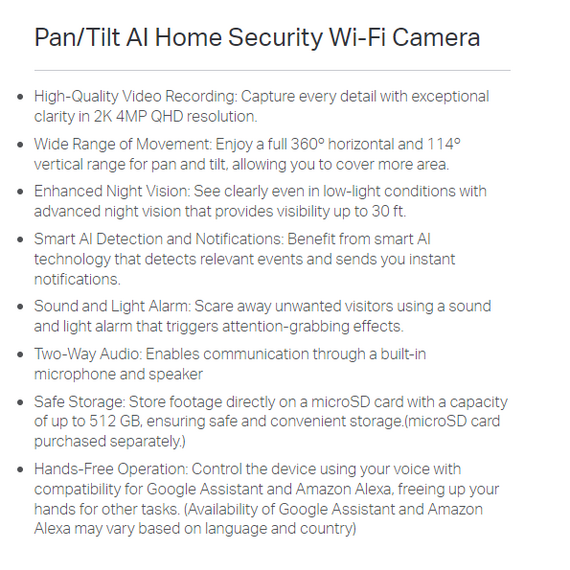 TAPO  Pan/Tilt AI Home Security Wi Fi Camera 2K (C220)