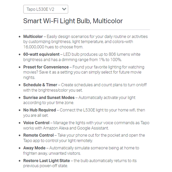 Tapo Smart Wi-Fi Light Bulb, Multicolor – ( L530E) Tapo Smart Wi-Fi Light Bulb, Multicolor – ( L530E)