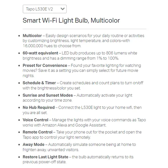 Tapo Smart Wi-Fi Light Bulb, Multicolor – ( L530E)
