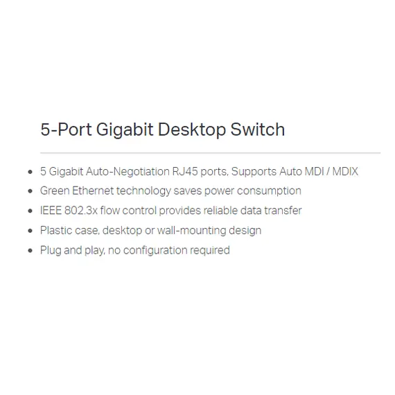 محول سطح المكتب TP-Link جيجابت بـ 5 منافذ، هيكل بلاستيكي (TL-SG1005D)