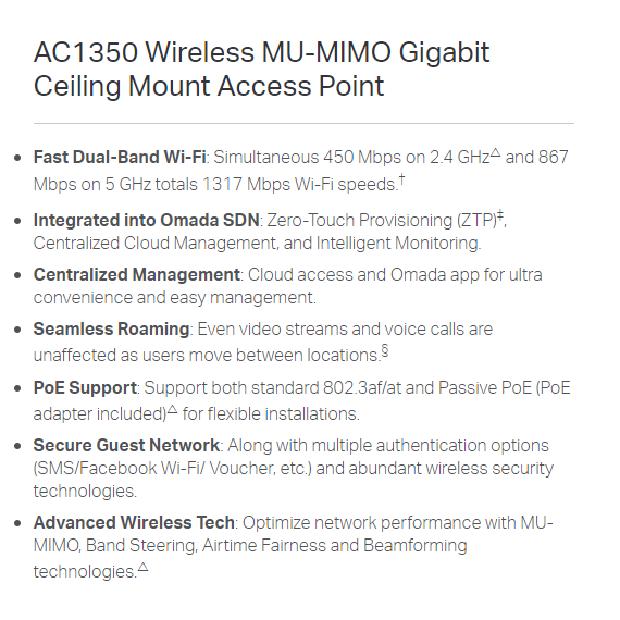 TP-Link AC1350 Wireless MU-MIMO Gigabit Ceiling Mount Access Point (EAP225)