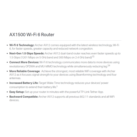 TP-Link Router AX1500 Gigabit Wi-Fi 6 (ARCHER AX12) TP-Link Router AX1500 Gigabit Wi-Fi 6 (ARCHER AX12)