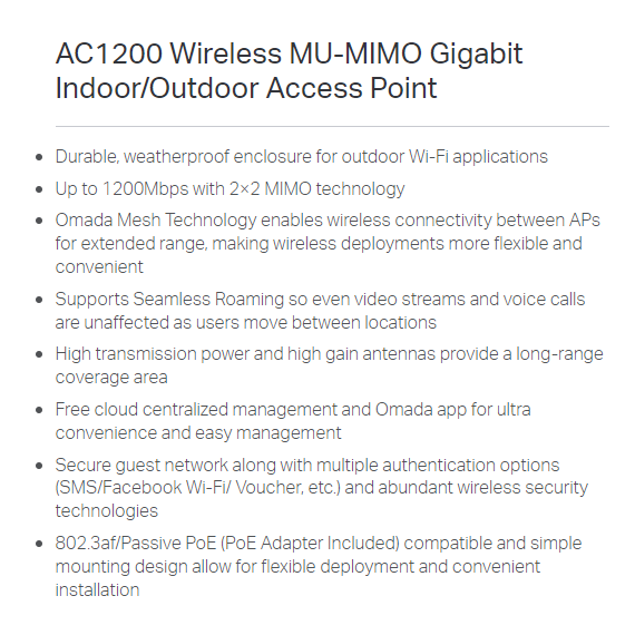 TP-Link Omada AC1200 Wireless Dual Band Gigabit Access Point (EAP225-OUTDOOR)