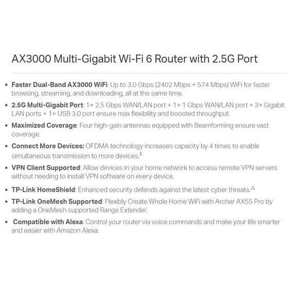 TP-Link Router AX3000 Multi-Gigabit Wi-Fi 6  (ARCHER AX55 Pro) TP-Link Router AX3000 Multi-Gigabit Wi-Fi 6  (ARCHER AX55 Pro)
