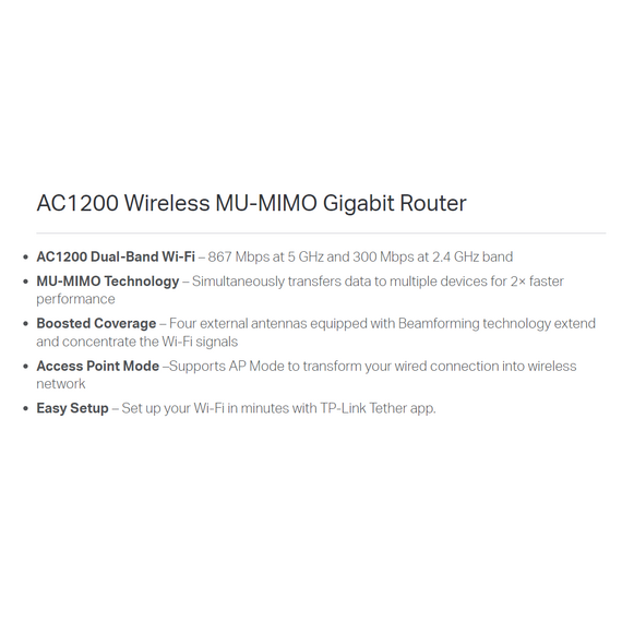 TP-Link Wireless AC1200 MU-MIMO Gigabit Router (ARCHER C6) TP-Link Wireless AC1200 MU-MIMO Gigabit Router (ARCHER C6)