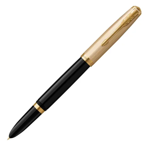PARKER 51 Premium Medium 18K Gold Nib Fountain Pen Black Gold Trim, 2 image