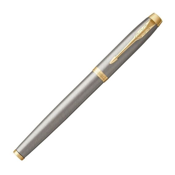 PARKER IM Medium Rollerball Pen Brushed Metal Gold Trim Blue Ink