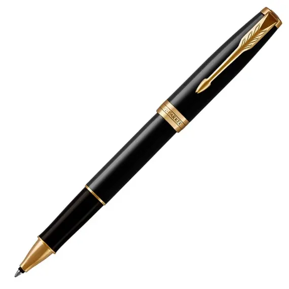 PARKER Sonnet Fine Rollerball Pen Black Lacquer Gold Trim Black Ink, 2 image