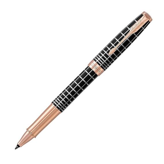 PARKER Sonnet Fine Rollerball Pen Brown Rubber Rose Gold Trim Black Ink