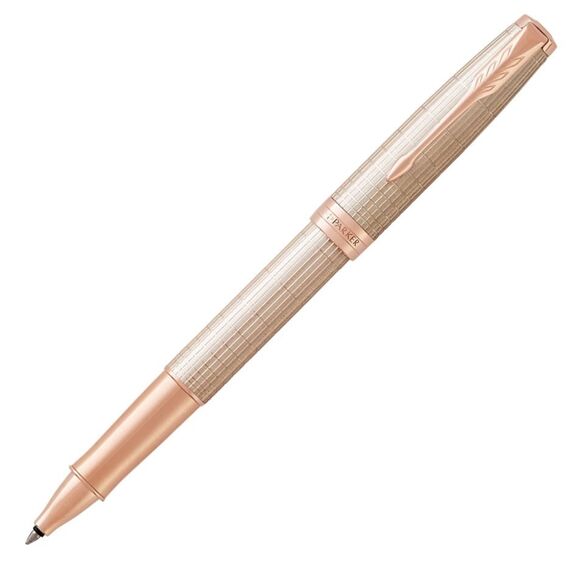 PARKER Sonnet Fine Rollerball Pen Chiselled Silver Rose Gold Trim Black Ink