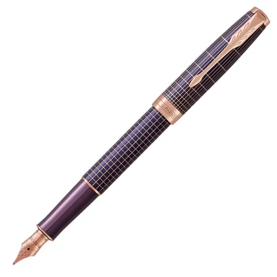 PARKER Sonnet Medium 18K Gold Nib Fountain Pen Chiselled Purple Matrix Rose Gold Trim, 2 image