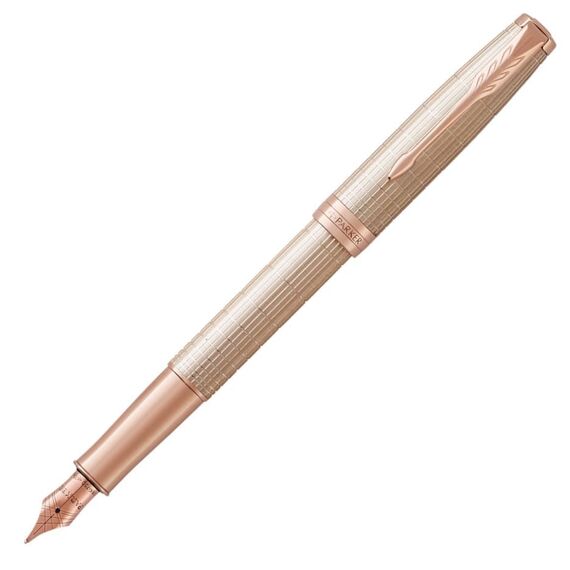 PARKER Sonnet Medium 18K Gold Nib Fountain Pen Chiselled Silver Rose Gold Trim