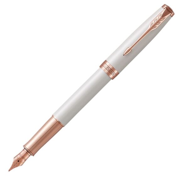 PARKER Sonnet Medium 18K Gold Nib Fountain Pen Pearl Lacquer Rose Gold Trim