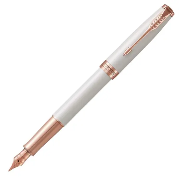PARKER Sonnet Medium 18K Gold Nib Fountain Pen Pearl Lacquer Rose Gold Trim, 2 image
