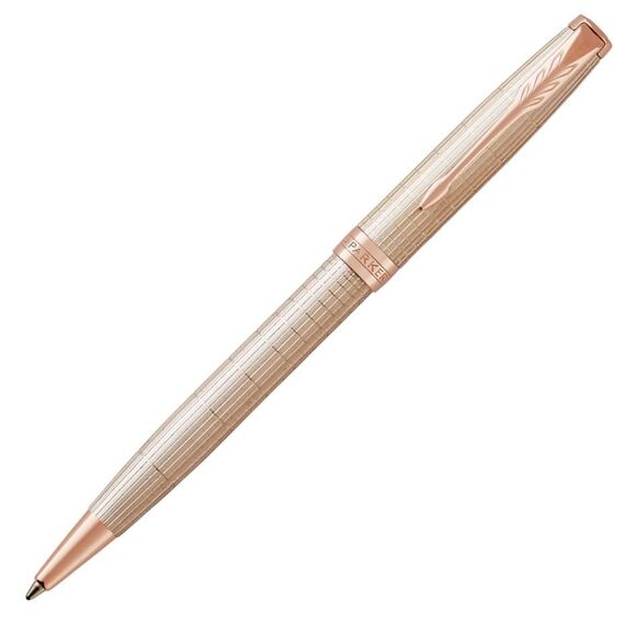 PARKER Sonnet Medium Ballpoint Pen Chiselled Silver Rose Gold Trim Black Ink