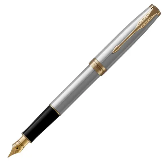 PARKER Sonnet Medium Fountain Pen Stainless Steel Gold Trim, 2 image