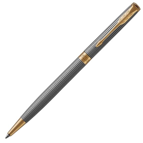 PARKER Sonnet Slim Medium Ballpoint Pen Chiselled Silver Gold Trim Black Ink