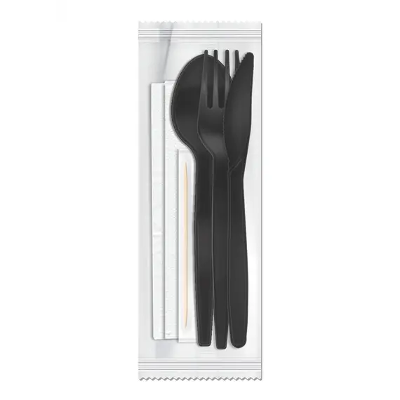 Plastic  Fork+Knife+Napkin Set 3x1 Black 180mm (500 sets per carton)