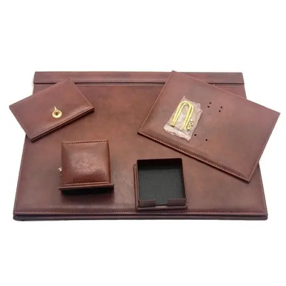 Desk Organizer, GULPAS, Desk Set Artificial Leather 910, 5 PCs, Leather, Brown