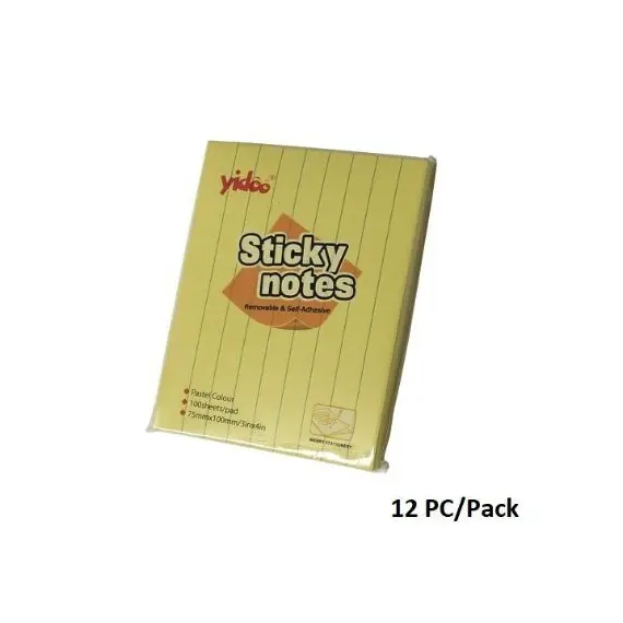ورق ملاحظات، ورق لاصق للملاحظات مسطر، (75x 100 مم)، 100 ورقة/حبة، اصفر، 12 حبة/ علبة