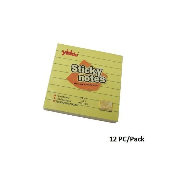 ورق ملاحظات، يادو، ورق لاصق للملاحظات مسطر، (75x 75 مم)، 100 ورقة/حبة، اصفر، 12 حبة/ علبة