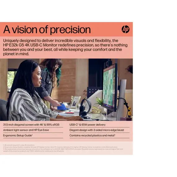 شاشة HP بدقة فائقة مقاس 32 بوصة E32k G5 4K USB-C IPS  (6N4D6AA)